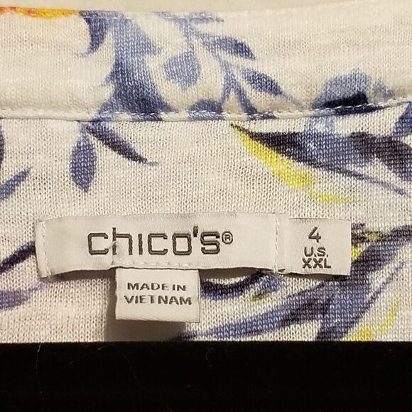Chico's 4 (XXL) Top 100% Linen Knit Floral Tunic Beaded Fringe Beach Coastal - Picture 5 of 8